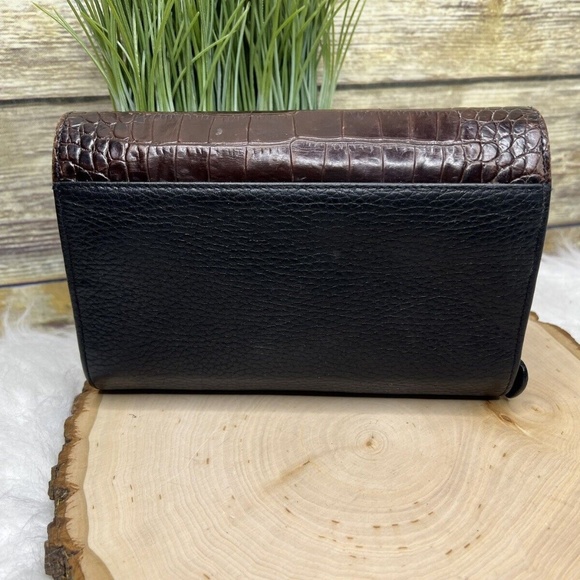 Vintage Brighton Black Pebbled Genuine Leather Croc Trim Clutch Organizer Wallet - Picture 5 of 16